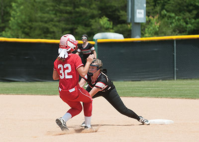 Rani McIntyre gets caught between first and second
